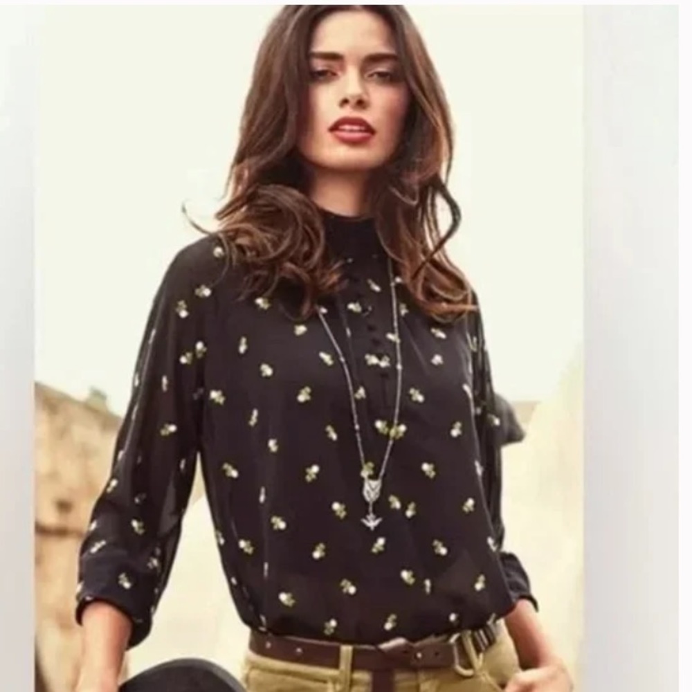 Cabi Black Sheer Floral High Neck Long Sleeve Blouse top #5338
